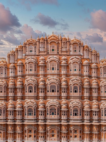 Historic landmark Hawa Mahal aka Palace of the Winds in the Pink City of Jaipur in Rajasthan, India.
