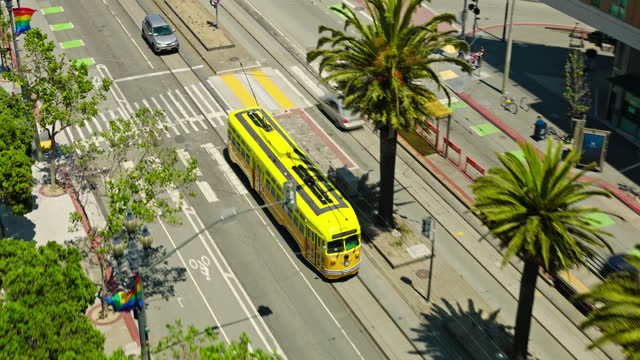 Streetcar on Market Street in San Francisco - Drone Shot