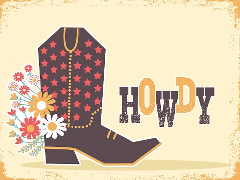 Vintage cowboy background with cowboy boot and howdy text. Vector Howdy text illustration with cowboy boot on old paper texture for design