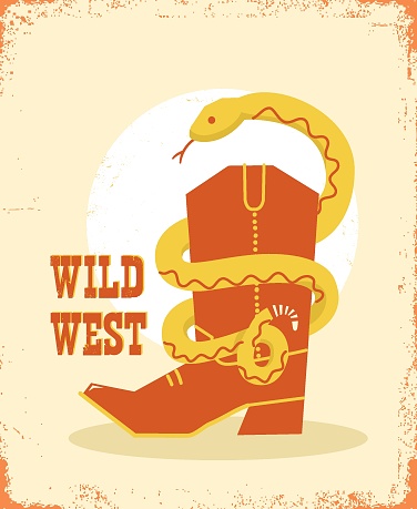 Cowboy boot and snake on old paper background. Vector cartoon wild west illustration with snake , cowboy boots and text