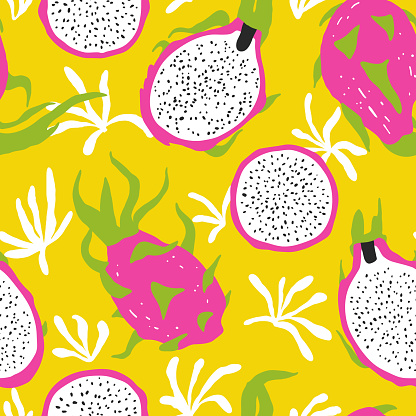 Bright summer seamless pattern with dragon fruits and abstract flowers on yellow background