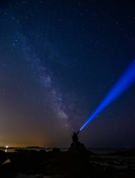istock Person with flashlight pointing at the milky way 1499793321