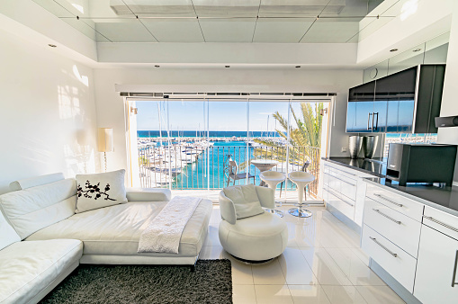 A view overlooking the luxury Mediterranean port of Puerto Banus from a exclusive holiday apartment