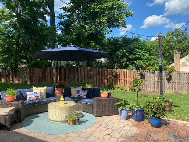 istock Backyard garden scene with blue and yellow colors. 1499797078