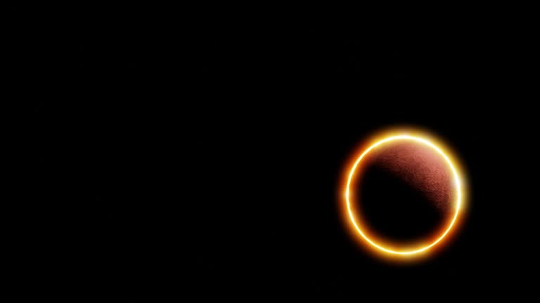 Annular solar eclipse observed from the earth phenomenon in which the moon is between planet earth and star sun forming the ring of fire  render animation 3D