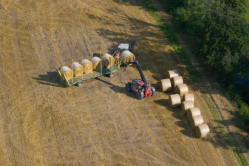 Aerial view of tractor collecting straw bales,Agricultural machine collecting bales of hay,harvest concept, sunny day, Italy