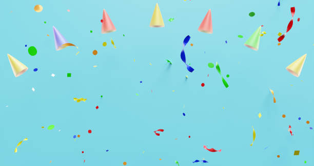 istock Birthday.Cap cones falling confetti on a blue background. 3d rendering 1499798341