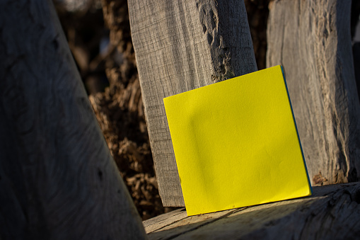 single yellow square paper note resting on bleached drift wood with empty free space for template or blank copy area