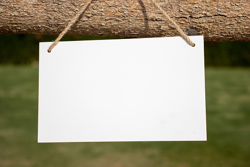 white hanging picture sign hanging from a rustic wood pole with green grass in the background with empty free space for template or blank copy area