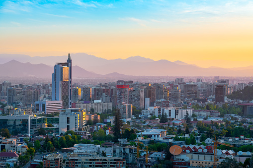 Elevated view of downtown Santiago de Chile at sunset.