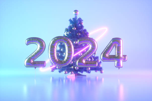 istock 2024 New Year balloons with Christmas tree and neon light 1499803966