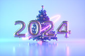 2024 New Year balloons with Christmas tree and neon light