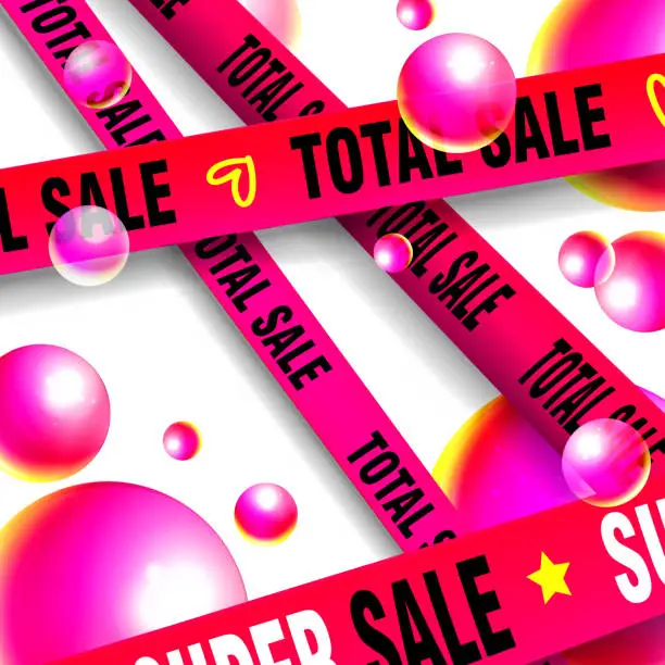 Vector illustration of Discount concept in cartoon style. Discount barrier tapes on isolated white background with 3D soap bubbles. Close-up. Creative stylish web banner or template.