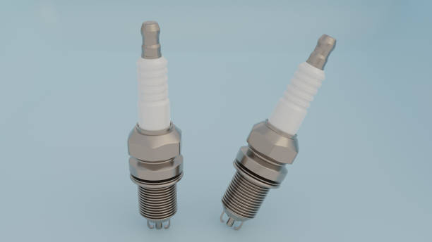 3d render spark plug è un dispositivo elettrico utilizzato in un motore a combustione interna per produrre una scintilla con illustrazione di sfondo azzurro - spark plug electrode transportation workshop foto e immagini stock