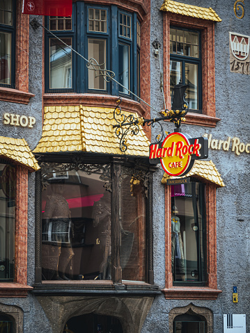 Hard Rock Cafe sign in Innsbruck, Tyrol, Austria old town