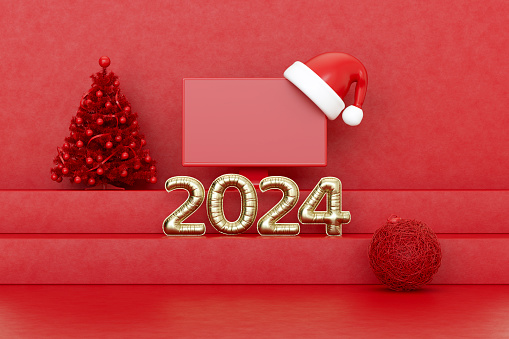2024 new year balloons and computer monitor with Santa hat on red podium, Christmas background. Digitally generated image.