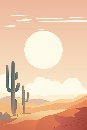 Vast Desert. Hot Sun and Endless Sands.  Dunes and Wild Cactuses in Tired Evening Light.