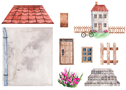Watercolor house with a door and windows, a tiled roof, stairs and flowerpots. Set of elements on white background. Illustration for postcards, books, posters, children's room
