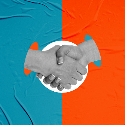 Close the deal by shaking hands. Art collage. The concept of finance and business.
