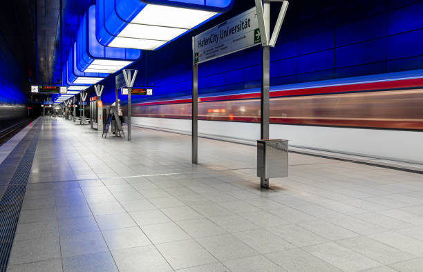 Blurred motion of subway train at subway station Hamburg Hafencity