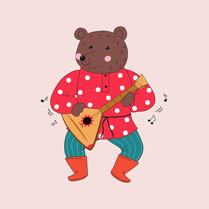 Bear with the Russian balalaika. Musical instrument. Animal cartoon. Bear wearing clothes playing the Balalaika. Vector illustration on isolated background.