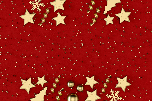 Christmas ornaments on red background, new year concept. Digitally generated image.