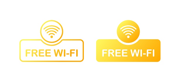 Free wi-fi. Flat, yellow, free wi-fi icon, available wi-fi. Vector icons.