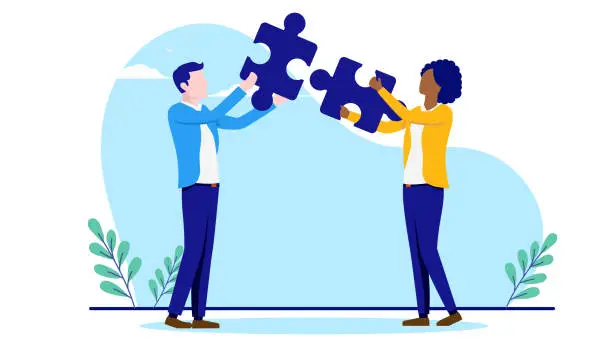 Vector illustration of Man and woman connecting puzzle pieces