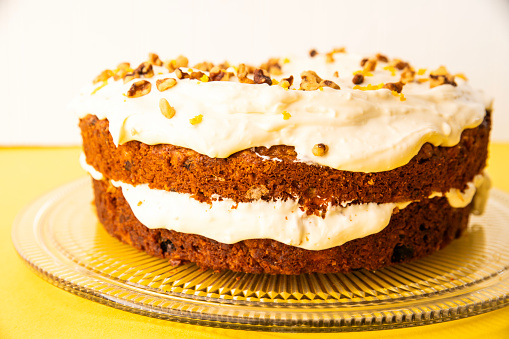 A freshly made gourmet carrot cake.