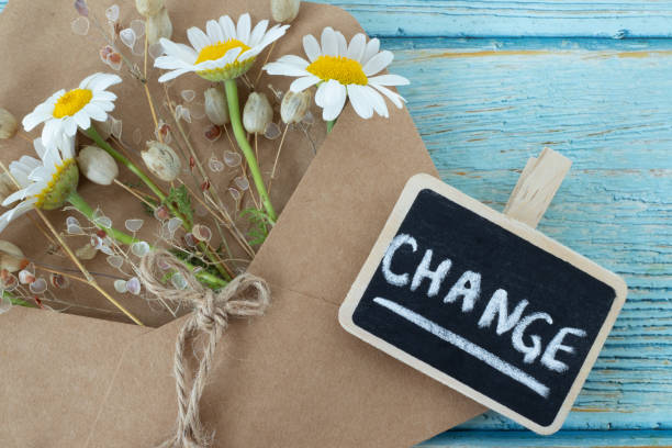 istock Change, handwritten word with chalk on small blackboard with old-fashioned envelope and flowers on wooden table 1499808315