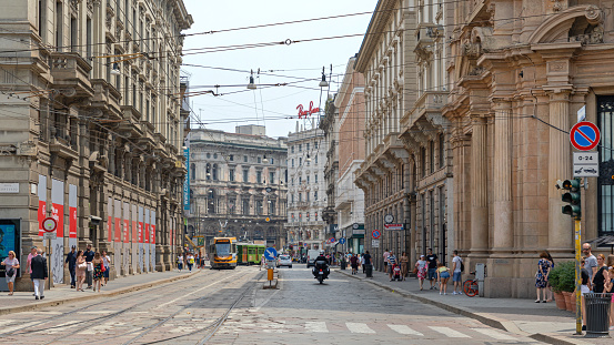 Milan, Italy - June 15, 2019: Street View Via Orefici in City Centre Summer Day.