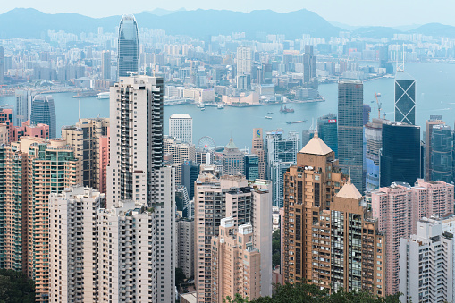 Hong Kong  Cityscape skyline seen from Lugard Road on Victoria Peak. Magneficent high rise architecture and settlements