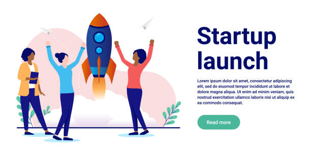 ilustrações de stock, clip art, desenhos animados e ícones de startup launch - cheering business three people teamwork