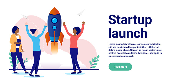 Team of three women only cheering and being excited over launching new business. Flat design vector illustration with white background and copy space for text