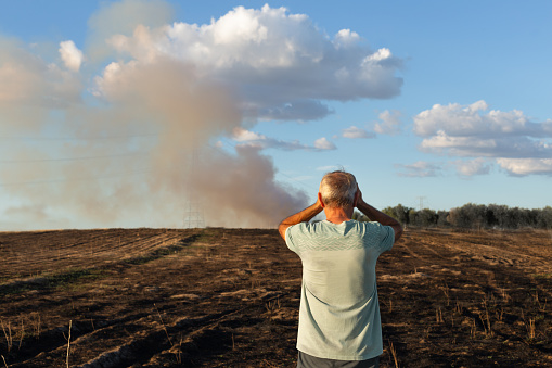 A man, who has his back turned, medium shot, looks at his burned field. He has his hands above his head. There is still smoke from the fire at the bottom of the field.