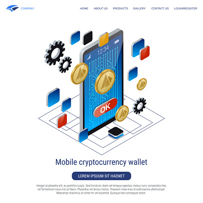 Mobile cryptocurrency wallet, virtual money, online banking 3d isometric vector concept illustration