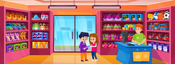 Cute little kids in a toy store want a new doll. Interior of a toyshop with a cashier behind the counter and a collection of toys: car, teddy bear, kite, rocket, train. Cartoon vector illustration.