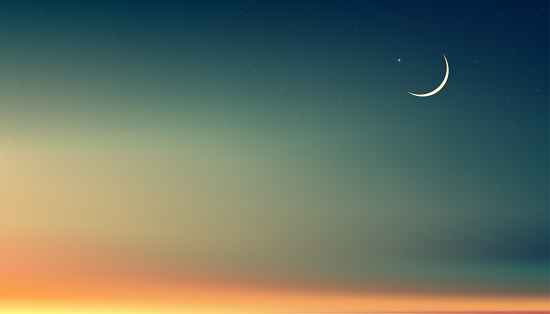 Islamic greeting Ramadan Kareem card design background with Crescent moon on colourful sunset sky background,Vector religions symbolic of Muslim for Ramadan Kareem,Eid Mubarak, Eid al adha.Eid al fitr