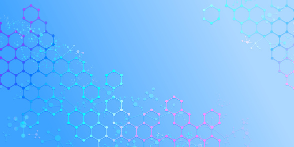 Geometric hexagonal background with molecular structure for a design on the theme of science and innovation in chemistry, molecular patters, and the organization of substances. Copy space