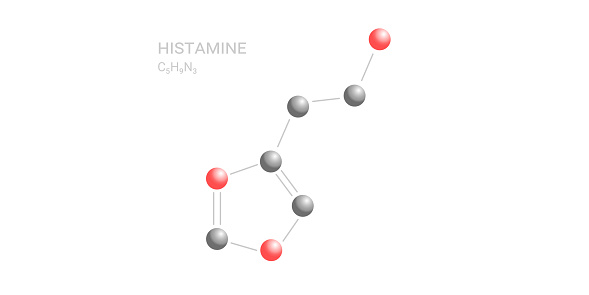 Histamine molecule. Skeletal formula for design on topic of scientific research in field of chemistry, molecular biology and medicine.
