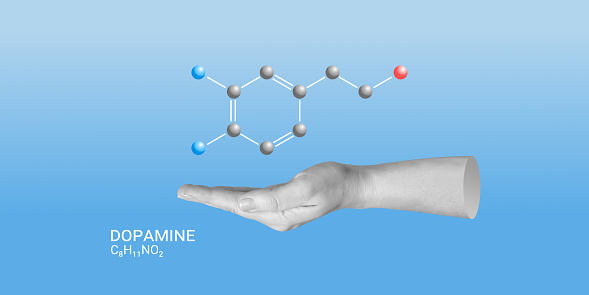 Dopamine neurotransmitter molecule over the human hand. Neurochemical processes related to emotion, mood, satisfaction, motivation, and reward. Minimalist Art Collage