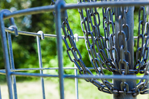Disc golf basket on a course in a lush forest landscape.