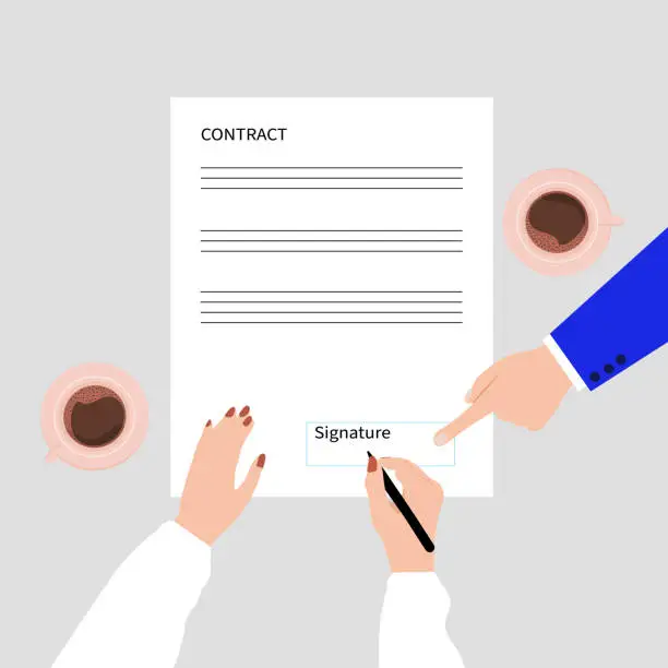 Vector illustration of Top view of businessman's hand showing where to sign in contract and hands of businesswoman signing