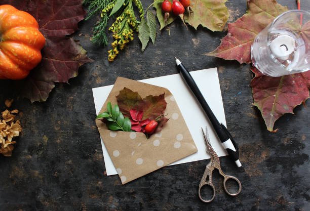istock Autumn flat lay composition with blank paper card, letter envelope, coffee cup, scarf, fallen leaves on beige background. Autumn hygge style desk table, top view. 1499820553