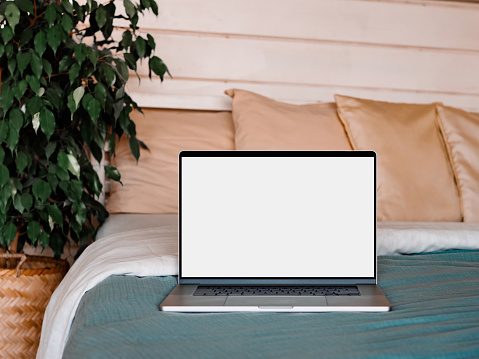 Laptop blank screen on bed in country house bedroom interior background, mockup, template. Clipping path device screen. Silver aluminium laptop at bed near green waringin tree in scandinavian country house