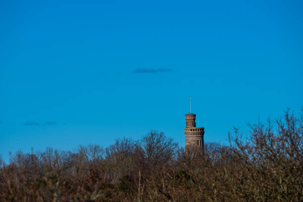 Gothenburg, Sweden - April 02 2023: Round water tower in slottsskogen visible over tree tops.