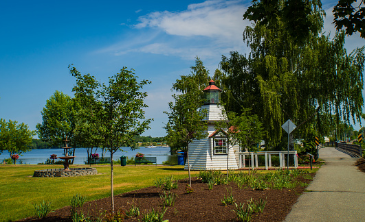 lighthouse on the shore of Lake Memphremagog in Newport , Vermont looking across at Quebec Canada