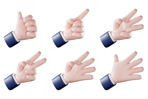 Set of cartoon hand gesture, 3d icon. Countdown and thumbs up signs.