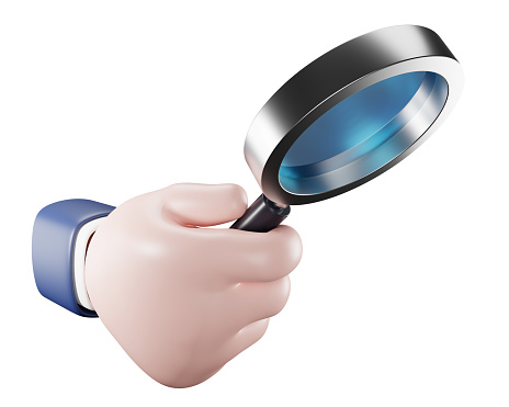 Analysis/analytics concept. Cartoon hand holding a magnification glass, isolated on white background. 3D icon.