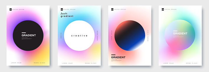 Abstract posters with round shape and color gradient. White background with soft blurred gradient and place for text. Ideal for cover, party flyer, banner, mobile app screen. Vector illustration.